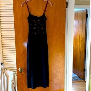 Long black dress with red and black embroidered roses